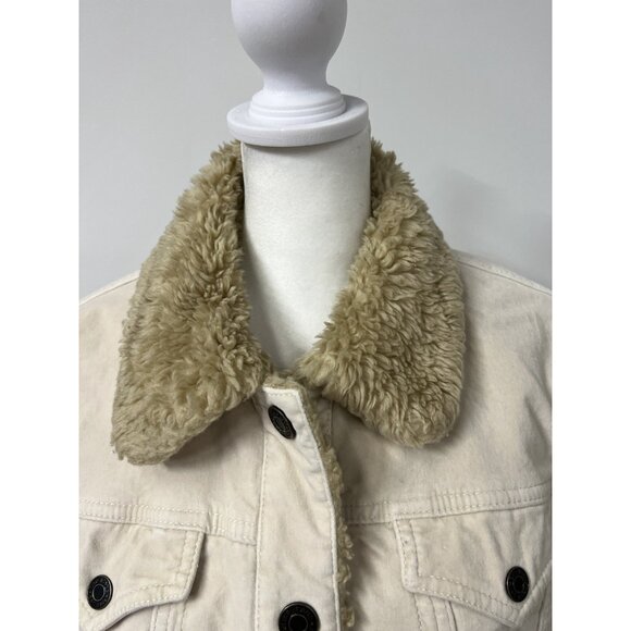 Vtg GAP Women’s Large Ivory Insulated Sherpa Lined Trucker Velour Y2K Jacket - Picture 2 of 10